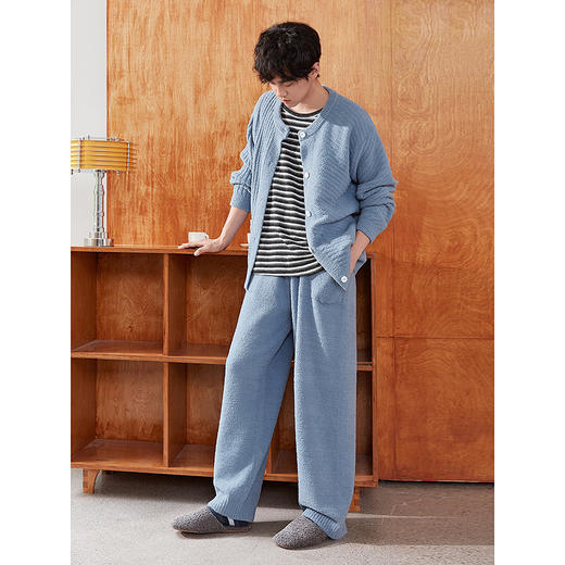 GXG男士家居服 蓝色肌理圆领开衫长袖保暖舒适睡衣套装冬季款 商品图2