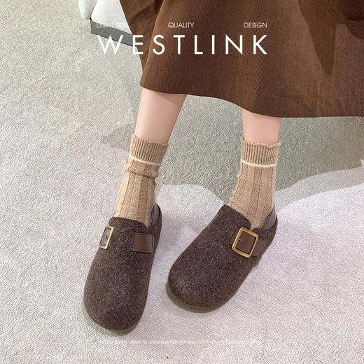 西遇毛呢勃肯鞋女新款秋冬两穿一脚蹬加绒棉鞋内增高毛毛鞋V2357302 商品图2