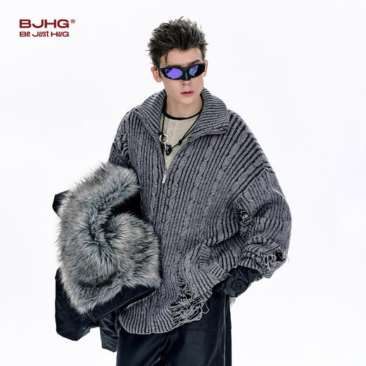 BJHG不计后果复古做旧毛衣男款冬季新款重磅仿牛仔水洗保暖外套女 商品图2