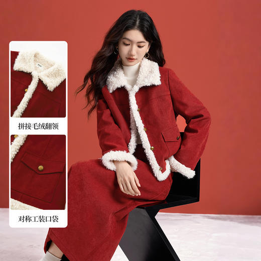 【11/19新品】熙世界小香风红色棉衣棉服女2025年冬季新款高级感毛绒翻领短外套 商品图3