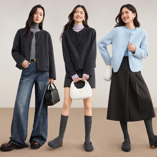 【内购】【毛边流苏】优雅风圆领厚实保暖短款65支900克绵羊毛双面呢大衣-W54OG8757 商品图2