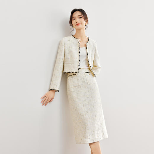 【内购】时尚优雅拼色织带圆领小香风外套直筒裙套装-153ZC3586X 商品图2