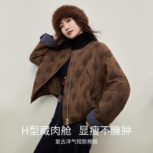 【内购】【夹棉保暖】复古洋气圆领撞色拼接格子翻边袖不臃肿宽松短款棉服-154MB4962 商品图1