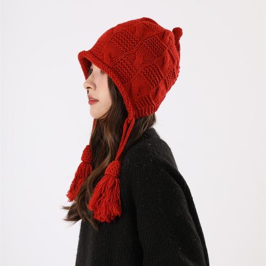 秋冬帽子女百搭流苏铃铛毛线帽秋冬保暖护耳红色手工针织帽 商品图6