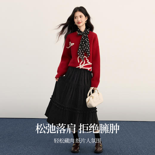 【周末秒杀】熙世界安哥拉红毛衣女慵懒高级感2025冬季新款松弛落肩套头针织衫 商品图2