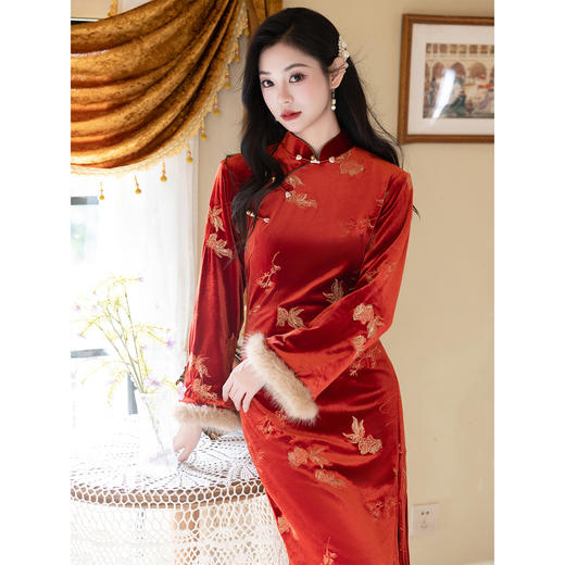 红色好运锦鲤新中式改良旗袍，新年服气质优雅鱼尾裙LSB4279 商品图2