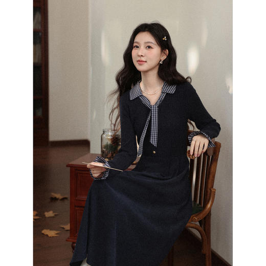 鹿向南「一念清净」韩系气质藏青色连衣裙女秋冬假两件针织打底裙 商品图4