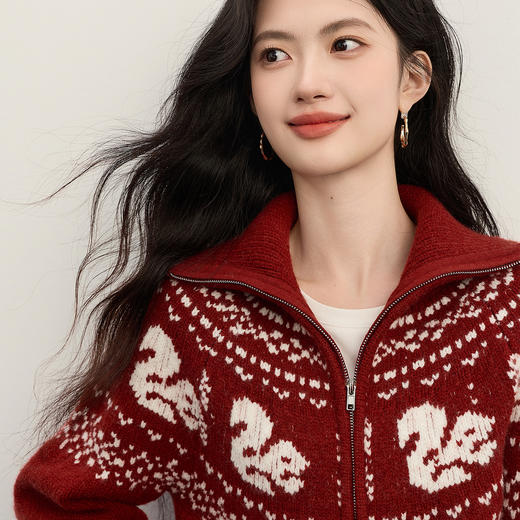 【11/19新品】熙世界拉链翻领费尔岛针织外套女25年秋冬新款南极绒红色毛衣开衫 商品图4