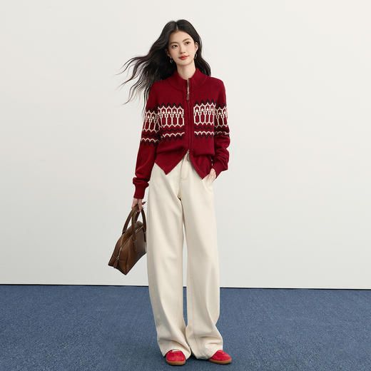 【11/19新品】熙世界红色费尔岛毛衫上衣女2025秋冬新款拉链立领针织毛衣短外套 商品图1