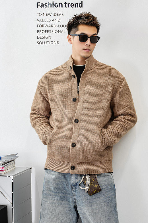 徐太浪【肌理感 保暖混纺】纽扣开衫立领毛衣男秋冬款针织衫外套 商品图4