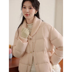 鹿向南「雅俏栗绒」粉色短款针织领羽绒服女秋冬宽松气质保暖外套