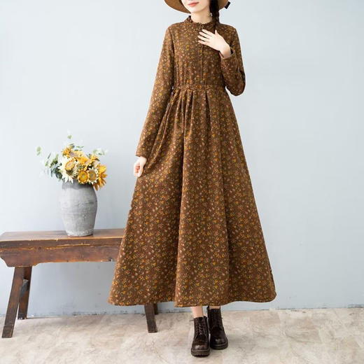 棉麻连衣裙文艺复古秋冬新款加绒加厚碎花长裙显瘦休闲大摆打底裙 商品图2