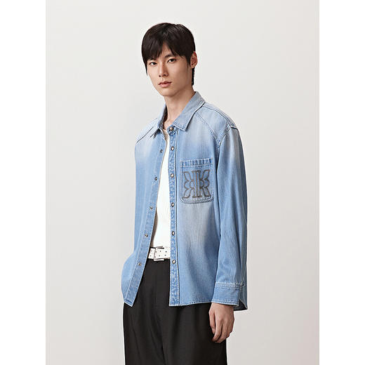 GXG男装 撞色绣花牛仔衬衫通勤男休闲外套长袖上衣 2025秋季 商品图3