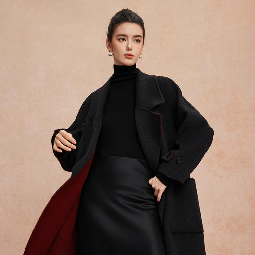 QH919斯尔丽25新款双面双色正反两穿双排通勤优雅气质简约长外套 商品图2