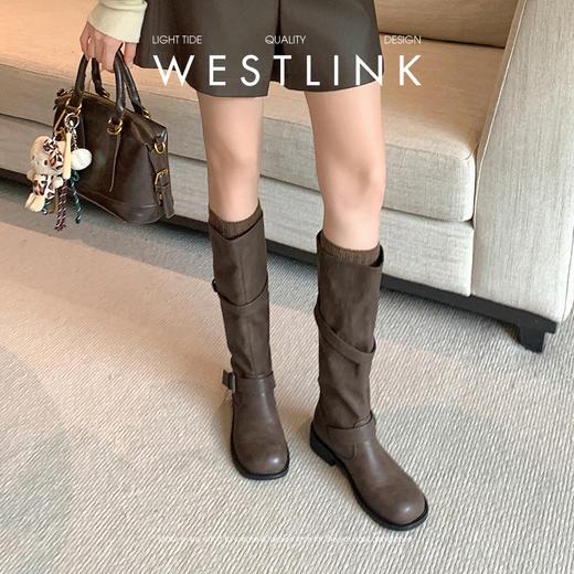 西遇不过膝长筒靴女新款秋冬复古英伦风骑士靴圆头粗跟长靴子V2257245 商品图3