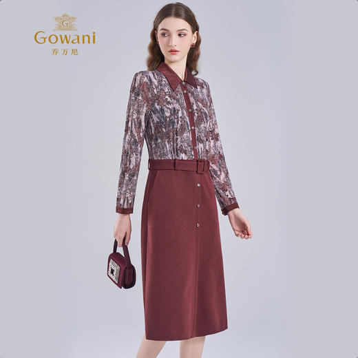 乔万尼2025冬酒红色复古印花假两件拼接气质长袖连衣裙ED4E708 商品图2