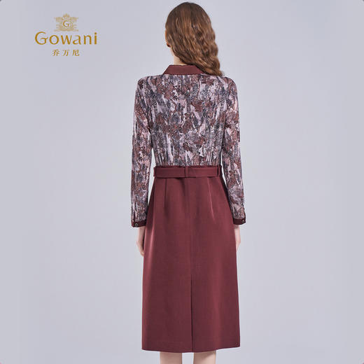 乔万尼2025冬酒红色复古印花假两件拼接气质长袖连衣裙ED4E708 商品图4