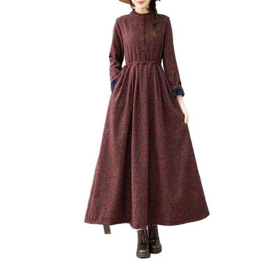 棉麻连衣裙文艺复古秋冬新款加绒加厚碎花长裙显瘦休闲大摆打底裙 商品图4