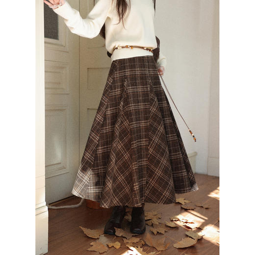 鹿向南「栗色信纸」不规则咖色格子半身裙女秋冬季显瘦A字长裙子 商品图3