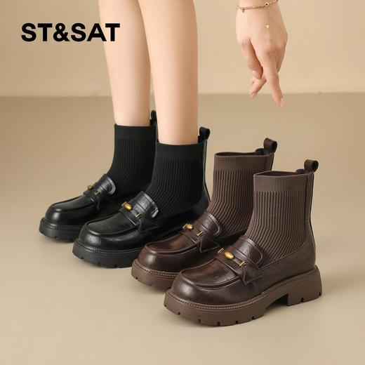 星期六加绒时髦压纹学院风袜筒靴SSD4118T45 商品图0
