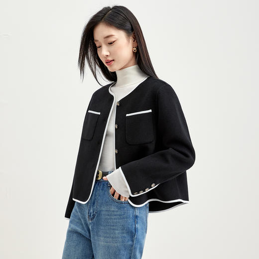 【内购】大气简洁不挑人休闲圆领舒适保暖撞色小香风双面呢外套-W54OF3637X 商品图2