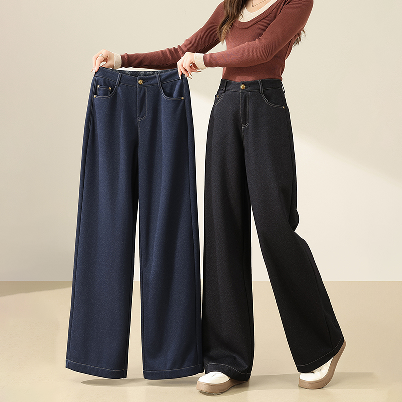 穿出“大长腿”！【亨弥--羊毛蚕丝加绒牛仔裤】舒适高腰超柔面料 羊毛蚕丝加绒内里 宽松直筒阔腿版型 不变形不鼓包不起球 上身效果显瘦遮肉 修饰腿型拉长比例 包容各种身材 时尚圈的扛把子