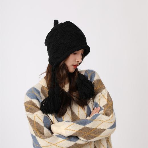 秋冬帽子女百搭流苏铃铛毛线帽秋冬保暖护耳红色手工针织帽 商品图3