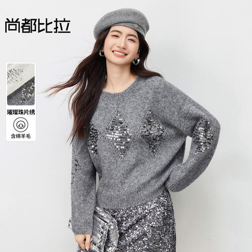 【内购】【璀璨星河】通勤圆领镂空珠片绣宽松含绵羊毛软糯弹力厚毛衣-W54EE3872 商品图0