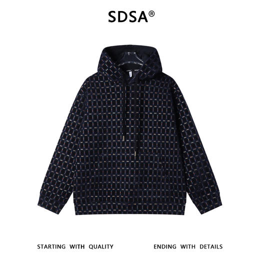 SDSA男士秋冬新款痞帅男装韩版绒毛彩色格纹格子连帽卫衣休闲百搭 商品图0