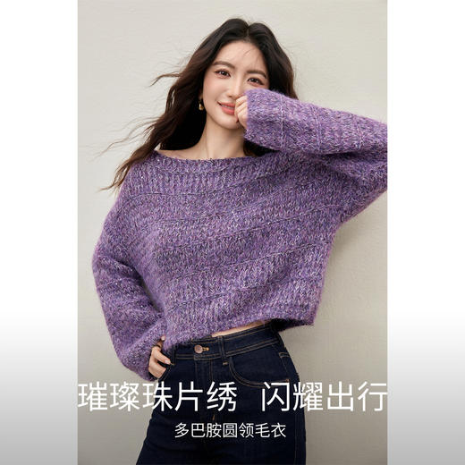 【内购】【璀璨珠片绣】时尚圆领宽松落肩灯笼袖分割线含绵羊毛彩纱厚毛衣-W54EE4825 商品图1