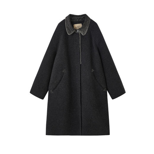 谜底大廓形大衣长袖2025冬季新品绵羊毛复古牛仔拼接女254MD1708 商品图4