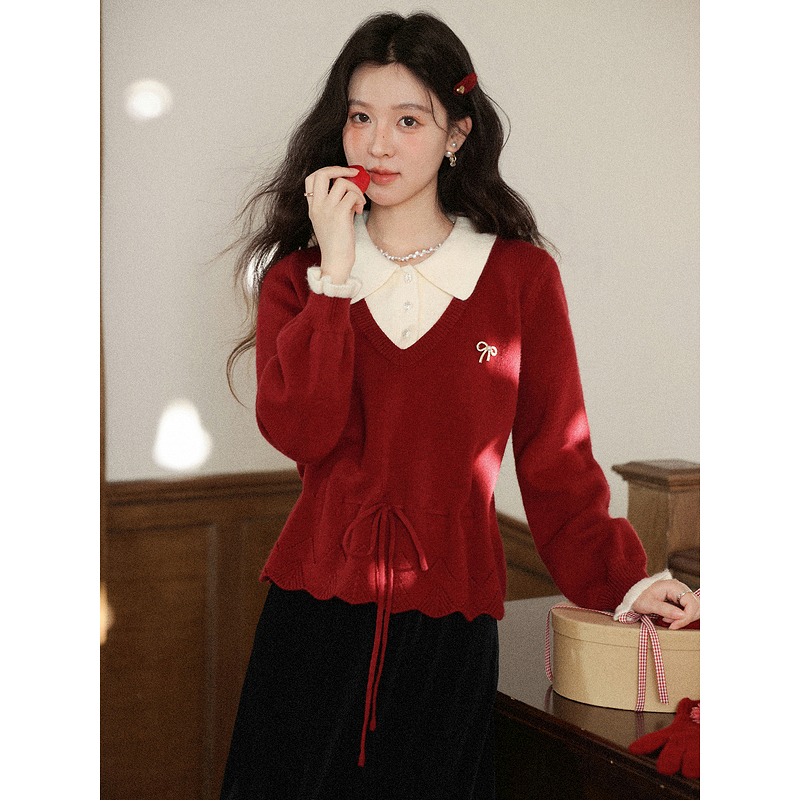 鹿向南「晴窗展卷」假两件红色毛衣女2025秋冬法式气质收腰款上衣