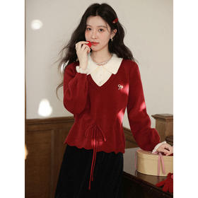 鹿向南「晴窗展卷」假两件红色毛衣女2025秋冬法式气质收腰款上衣