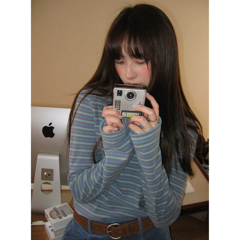 【冬湖蓝火山岩德绒半高领打底衫】300g火山岩德绒面料 三秒速热 冬湖蓝+松枝绿配色 半高领条纹打底