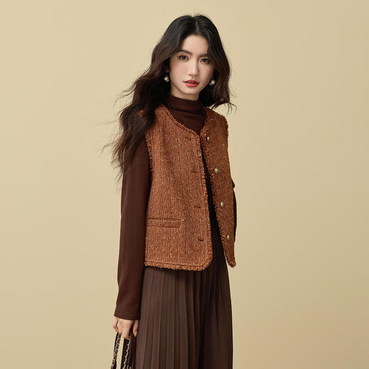 【11/19新品】熙世界轻奢千金小香风套装裙女秋冬新款绵羊毛呢马甲连衣裙两件套 商品图5