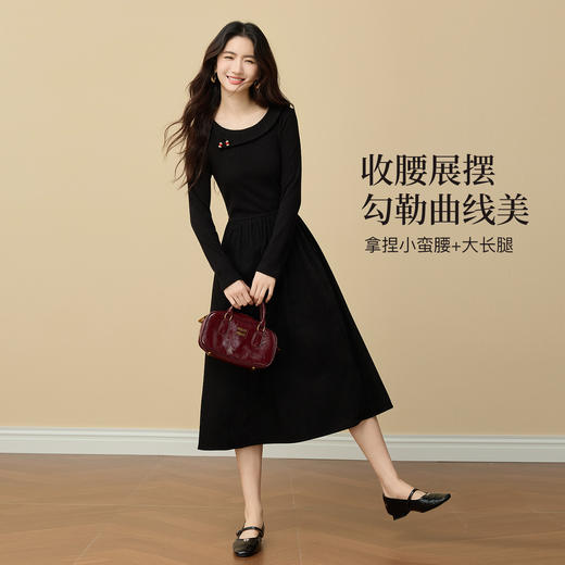 【年货节】熙世界优雅赫本风黑色针织连衣裙女冬季新款法式配大衣的掐腰裙子 商品图1