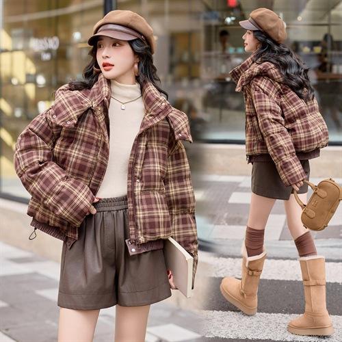 HR YJLY86822韩系短款羽绒服韩版休闲格纹连帽羽绒服帽子可拆 商品图1