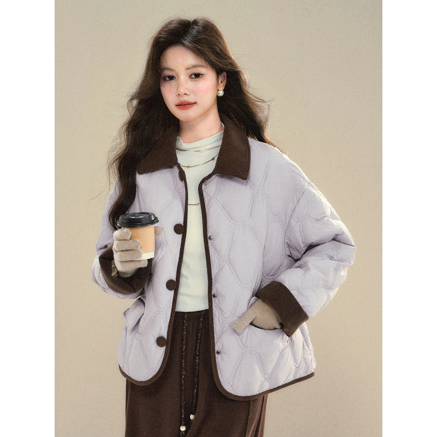 鹿向南「紫芋绵柔」90白鸭绒薄羽绒服女冬装轻薄菱格紫色翻领外套