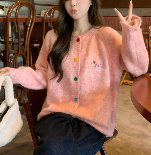 RMMZ1119#圆领彩扣小狗图案长袖毛衣开衫 商品图0