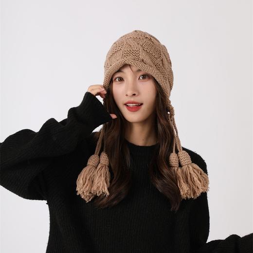 秋冬帽子女百搭流苏铃铛毛线帽秋冬保暖护耳红色手工针织帽 商品图1
