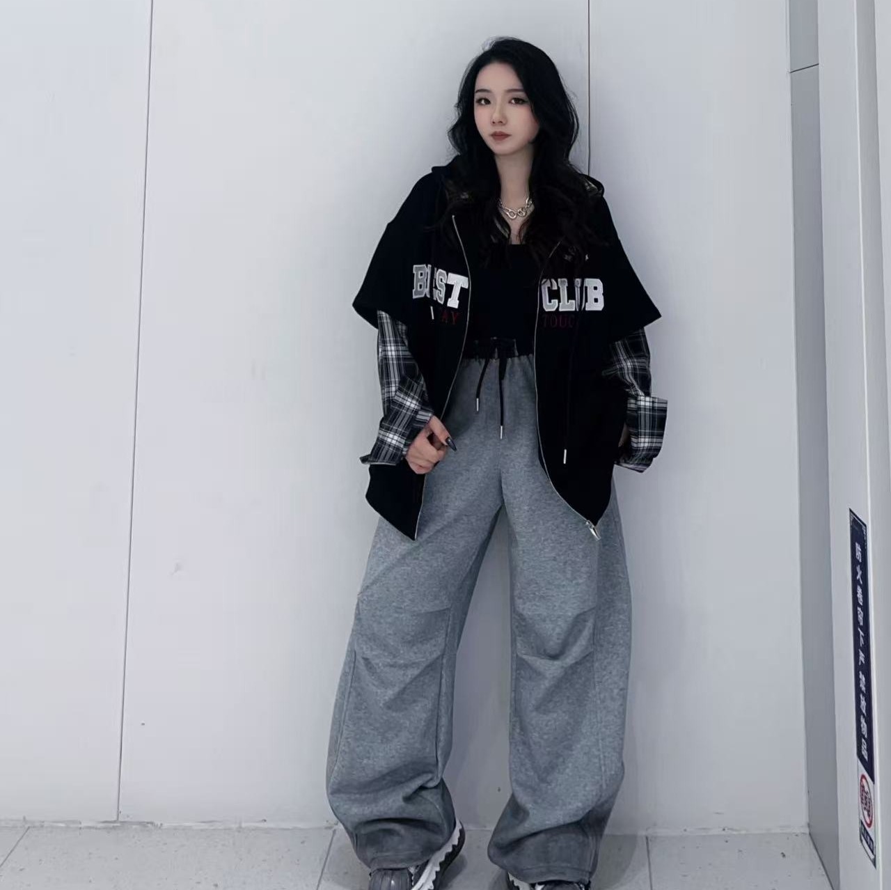 PNC格子拼接假两件连帽外套50919秋季607953204207