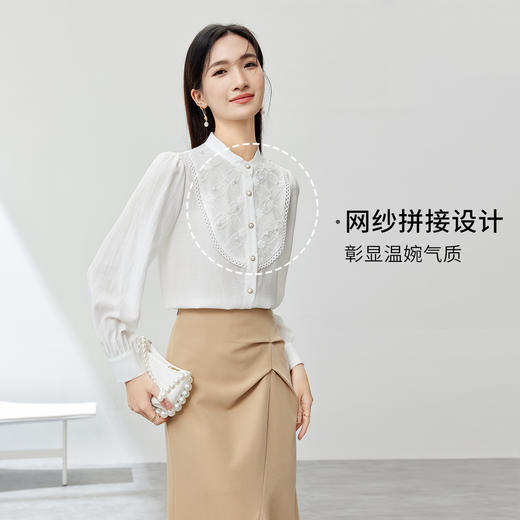 【内购】尚都比拉浪漫唯美文艺氛围感小众设计宫廷风网纱拼接立领长袖衬衫-153CJ3581X 商品图1