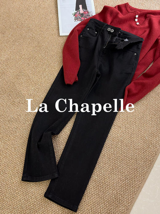 会员福利【12oz高弹+衣橱必备】拉夏贝尔/La Chapelle高腰两粒扣显瘦铅笔裤小脚裤牛仔裤 商品图0