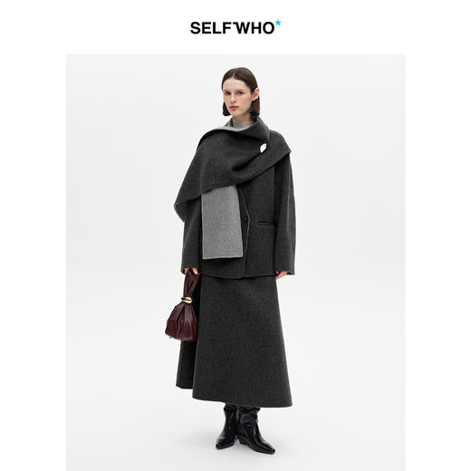 SELFWHO100%绵羊毛撞色双面呢外套女2025冬季新款宽松围巾领大衣 商品图2