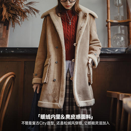 马登复古巴恩风皮毛一体立翻领中长款加绒夹棉服袄大衣外套秋冬女 商品图2