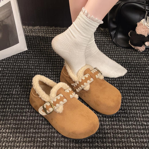 冬季加绒【复古刺绣花边勃肯鞋】一字扣雪地靴加绒保暖棉鞋 商品图6