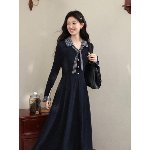 鹿向南「一念清净」韩系气质藏青色连衣裙女秋冬假两件针织打底裙 商品图0