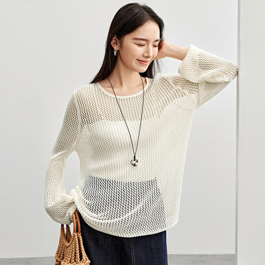 【内购】【云纱蜜语】简约通勤度假大圆领落肩朦胧感镂空微弹柔软薄毛衣-W53EA3289X 商品图1