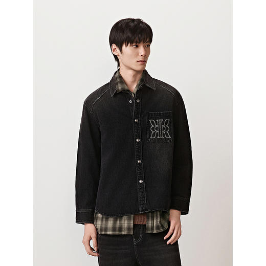 GXG男装 撞色绣花牛仔衬衫通勤男休闲外套长袖上衣 2025秋季 商品图2