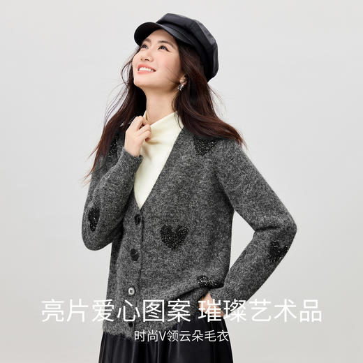 【内购】【璀璨爱心图案】V领拉花扣宽松显瘦含绵羊毛软糯弹力开衫毛衣-W54WN3871 商品图1